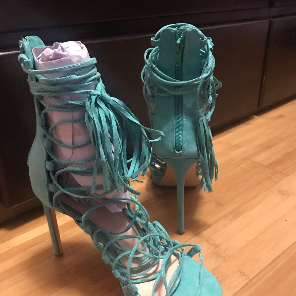 Liliana Ivanka Sea Green Suede Lace Up Heels